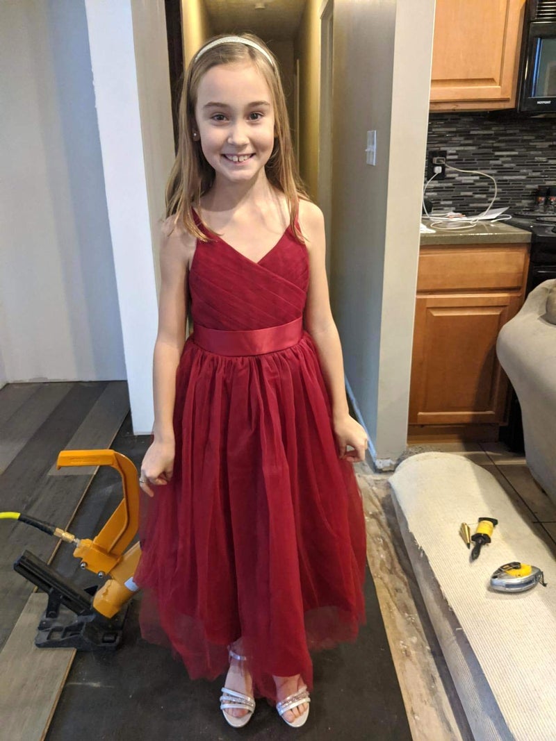 Glamulice Burgundy Flower Girls Lace Bridesmaid Dress Long A Line Wedding Pageant Dresses Tulle Spaghetti Strap Party Gown Holiday Formal Princess Dance Christmas Elegant Girl Ball Gowns Wine Red 8 - Image 3